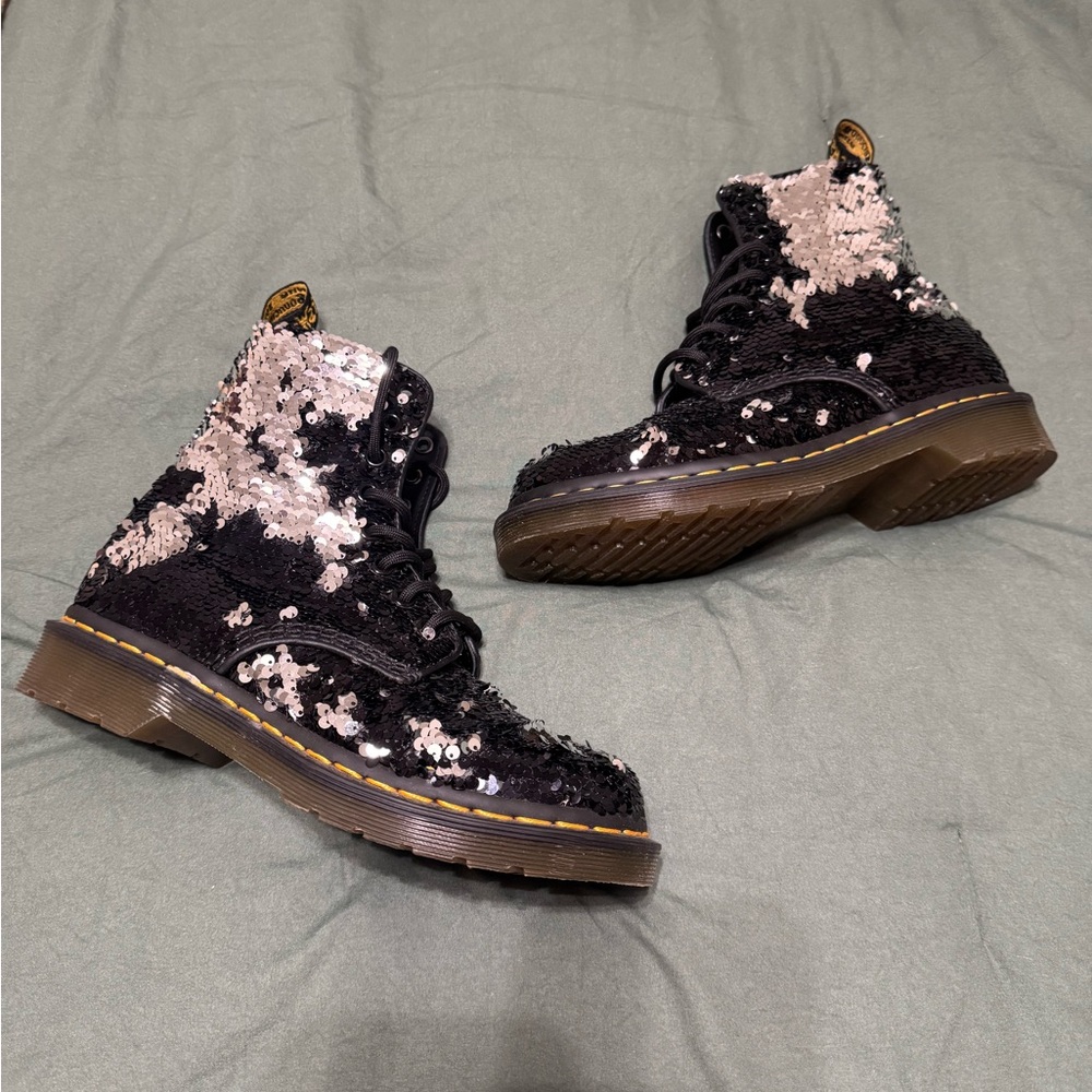 Custom Dr. Martens Sequin Lace-Up Boots - Black and Silver